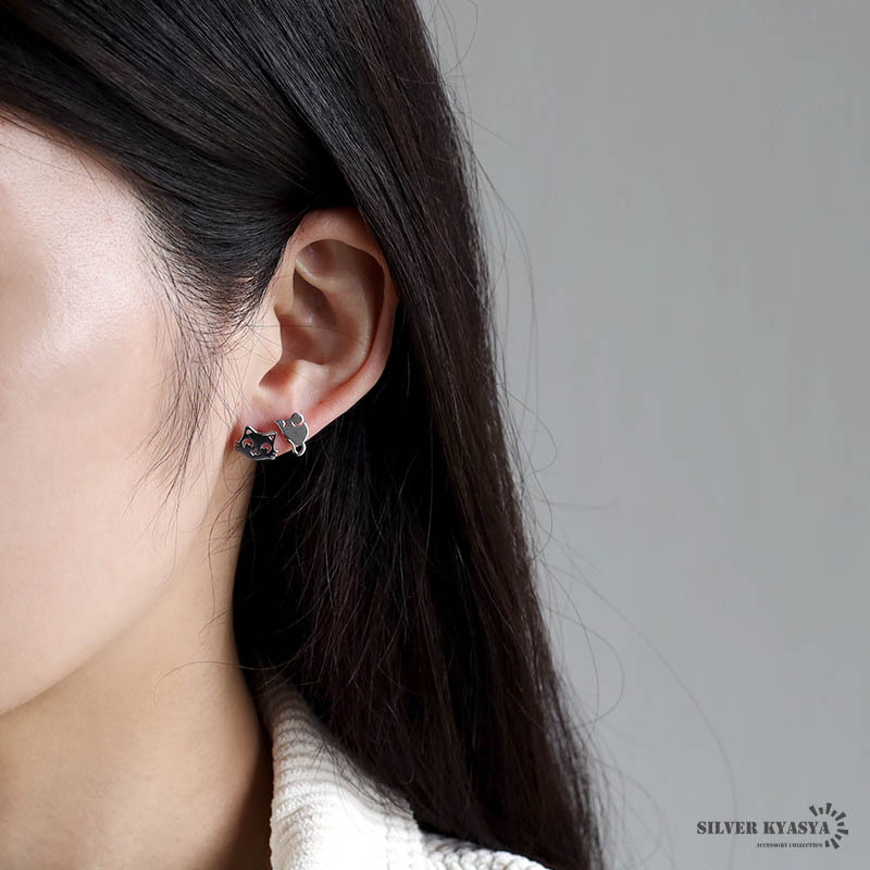 貓とねずみのピアス レディース シルバー925 2way スタッドピアス シルバーピアス 金屬アレルギー対応 両耳用 2點(diǎn)セット