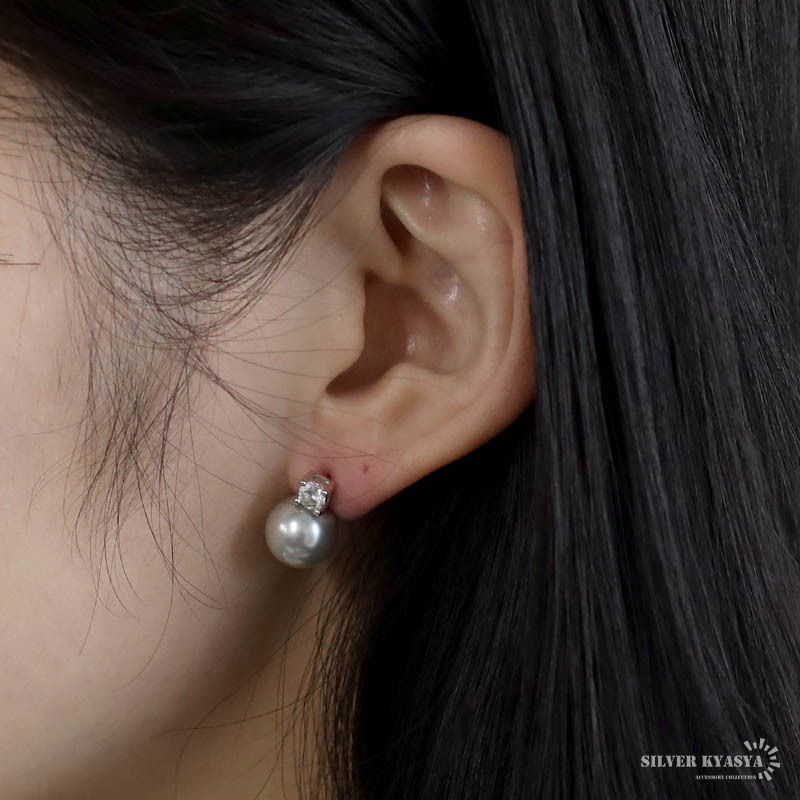 グレーパールピアス スワロフスキー ダブルポイント 真珠 ピアス 10mm 大きめ 両耳用 2點(diǎn)セット 大人可愛(ài)い シルバー925