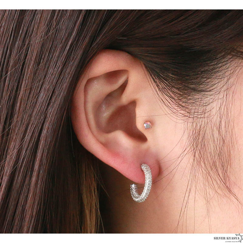 両耳用 フープピアス シルバー925 パヴェピアス CZ AAA 女性 金屬アレルギー