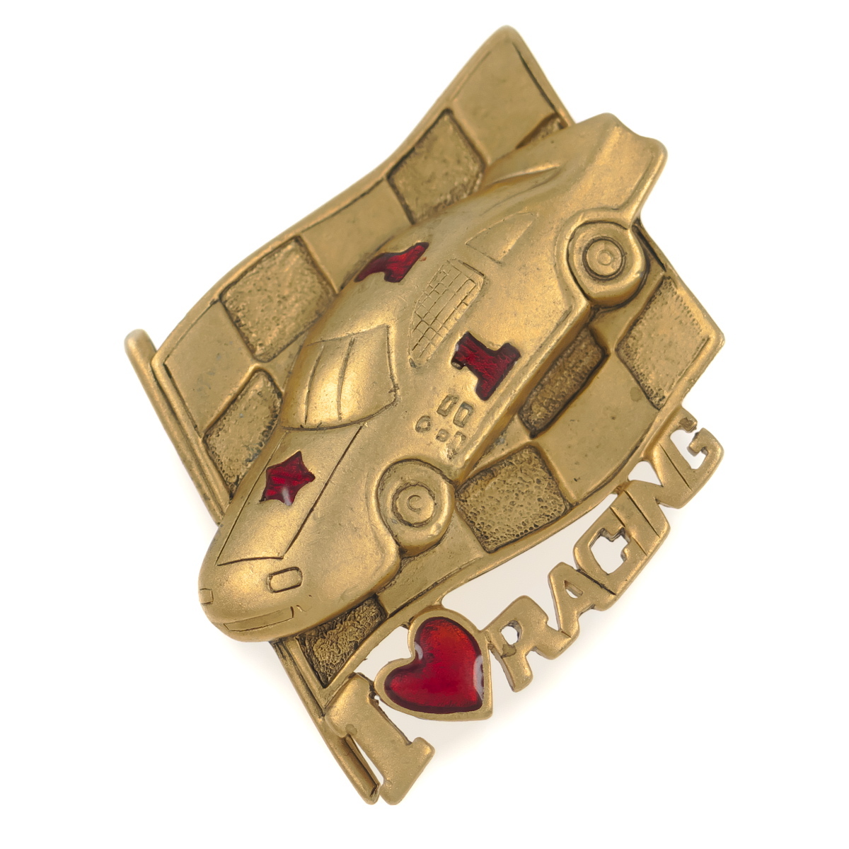 A10294◆◆ 車のレースモチーフ I LOVE RACING 艶消しゴールドトーン ◆ ヴィンテージブローチ ◆