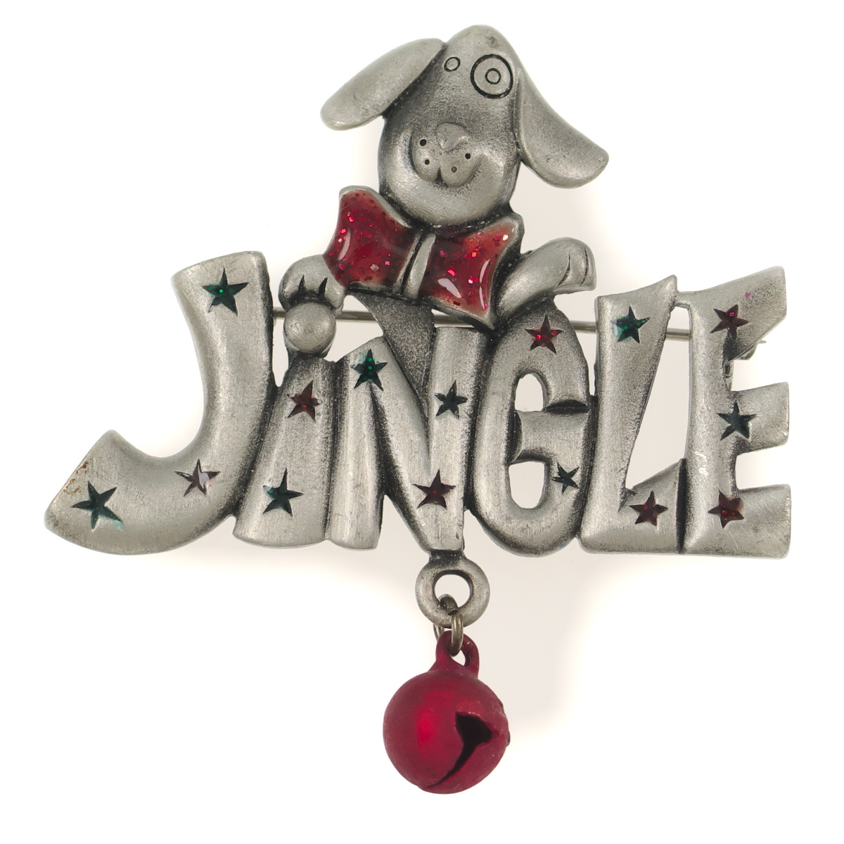 Ａ10370◆◆ ドッグモチーフ JINGLE 赤い鈴のチャーム 犬 クリスマス ◆ ヴィンテージブローチ ◆