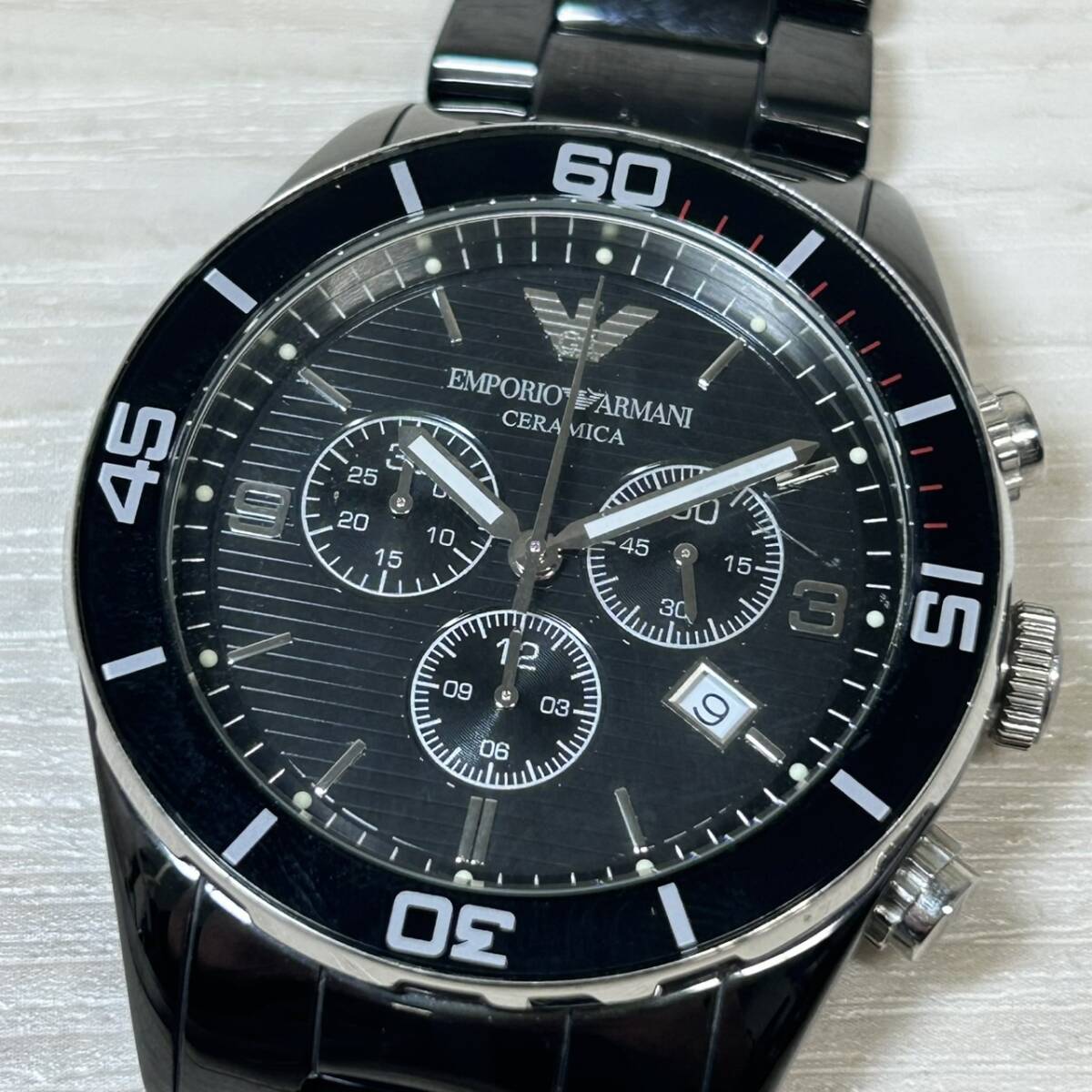 ●【YH-1065】中古品 EMPORIO ARMANI エンポリオアルマーニ レオ AR-1421 腕時計 クオーツ アナログ クロノグラフ カレンダー 不動品