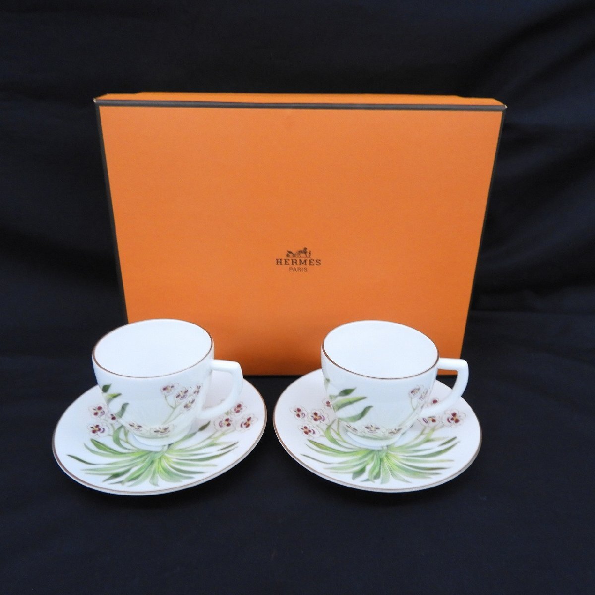 【未使用品】HERMES エルメス JARDIN des ORCHIDEES オーキッドの花 カップ＆ソーサー ペア(2客)セット 箱付 11754574 0115