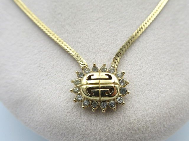 ☆GIVENCHY ジバンシィ ジバンシー ロゴ ラインストーン ゴールド系 ネックレス ペンダント 中古 アクセサリー レディース☆