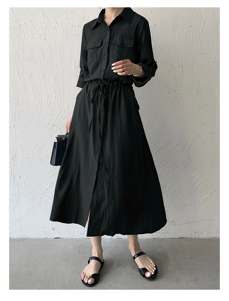 シャツワンピース レディース ワンピース ロングワンピース シャツワンピース マキシワンピース 春服 秋服 長袖 黑M/81314