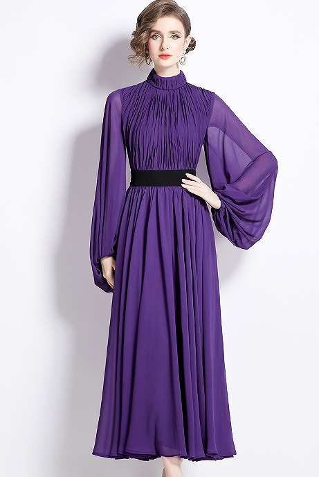 長袖ワンピース フリルワンピ ロングワンピ きれいめ ドレス 披露宴 【大きいサイズあり】 2XL パープル