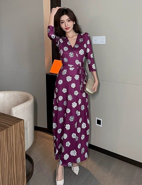 ロングワンピ フリル きれいめ プリント柄 長袖 Vネック【大きいサイズあり】 XL 花柄