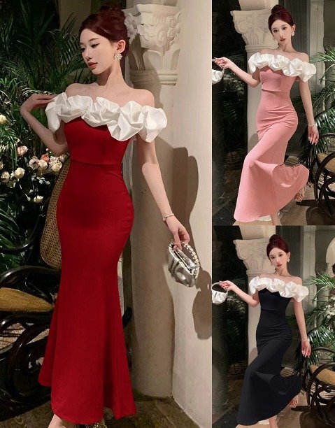 ロングワンピース タイト フリル オフショルダー セクシー キャバクラドレス レディース S ワインレッド