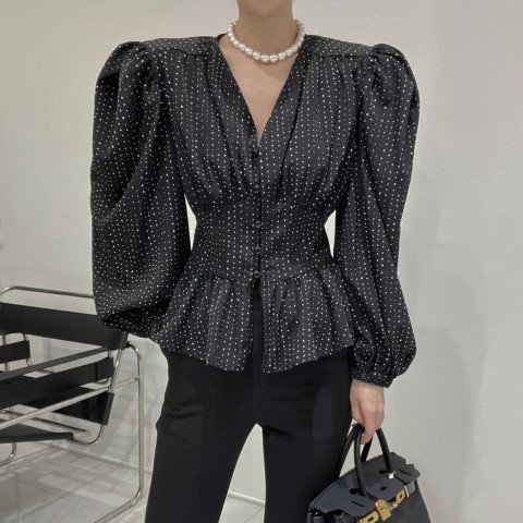 ファッション レトロ シンプル Vネックドット 長袖 シャツ ブラウス S アプリコット