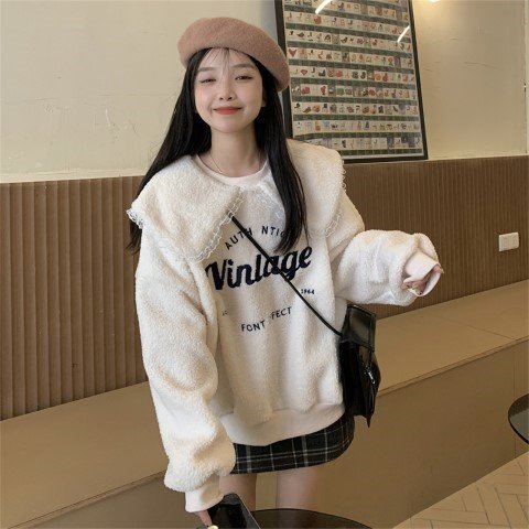 プルオーバー 韓国風 可愛い折り襟 ゆったり 刺しゅう飾り フリー ホワイト