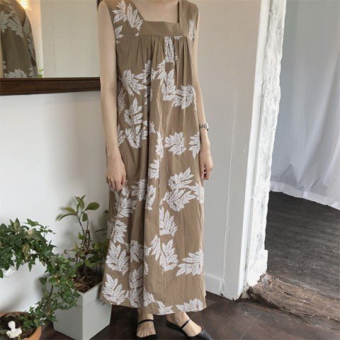 カジュアル ノースリーブ ロング 森ガールワンピース フリー アプリコット