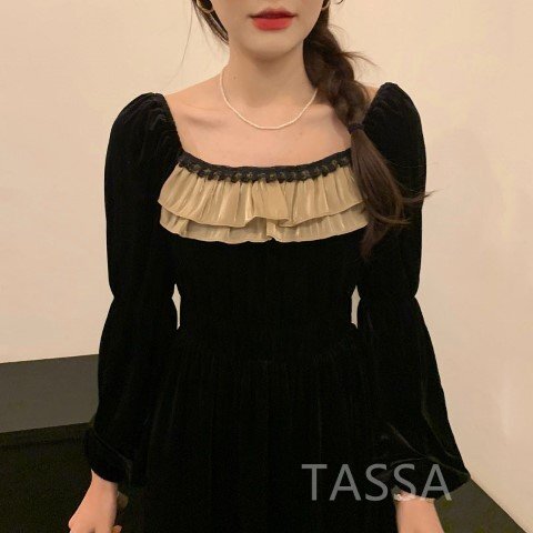 カジュアルワンピース パフスリーブ スクエアネック 切り替え ビロード ロング