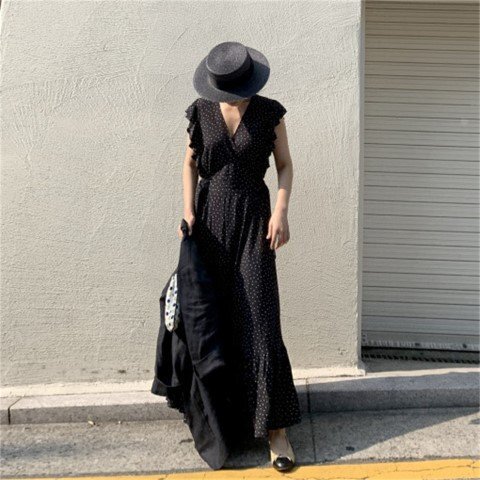 レトロ シフォン ドット柄 ロング カジュアル ワンピース