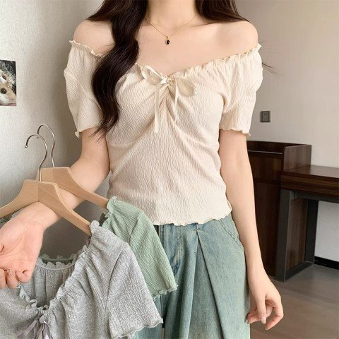 Tシャツ トップス かわいい レディース 韓国ファッション リボン S ワンカラー