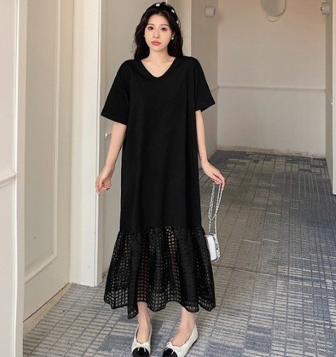 半袖ワンピ ロングワンピ お出かけ ゆったり カジュアル【大きいサイズあり】 XL ブラック