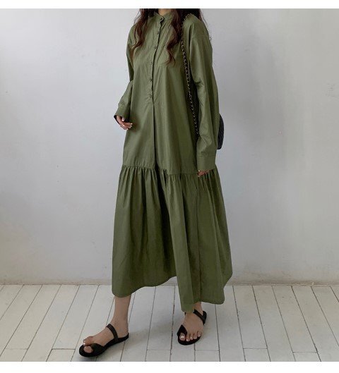 シンプル プリーツ ラウンドネック シングルブレスト長袖 ロング 膝下丈 ロングワンピース フリー カーキ