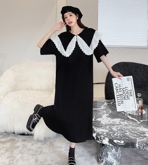 ロングワンピース フリルワンピ 半袖ワンピ レトロ カジュアル シンプル かわいい【大きいサイズあり】 XL ブラック