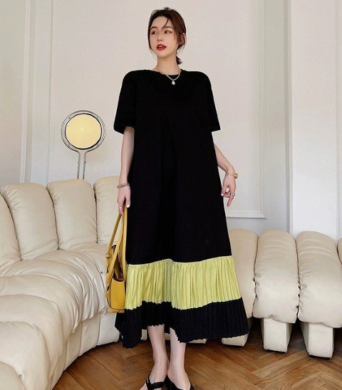 半袖ワンピース ロングワンピ 無地 フリル カジュアル【大きいサイズあり】 2XL ボーダー