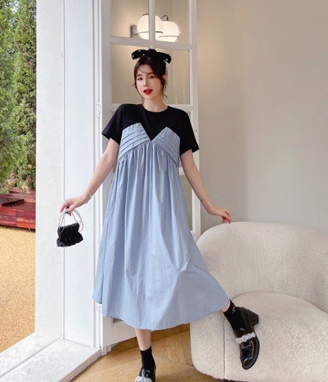 ロングワンピース フリルワンピ 半袖ワンピ レトロ カジュアル シンプル かわいい【大きいサイズあり】 L ブルー