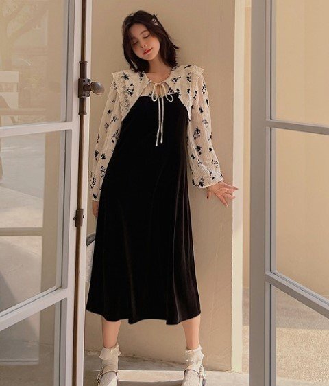 ロングワンピース フリル 長袖 カジュアル シンプル かわいい【大きいサイズあり】 2XL ワンカラー