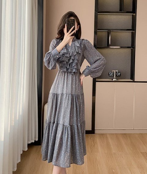 長袖ワンピ ロングワンピ きれいめ カジュアル フリル かわいい L ブルー