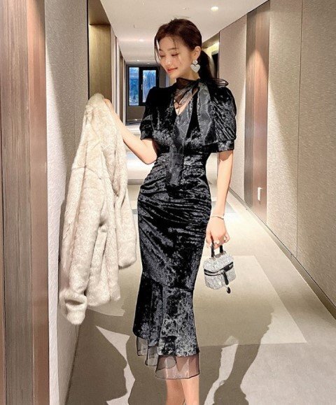 半袖ワンピ ロングワンピ きれいめ かわいい ドレス S ブラック