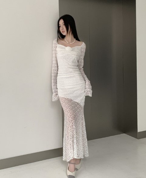 長袖ワンピース フリル ロングワンピ ドレス セクシー 透け感 レース S ホワイト