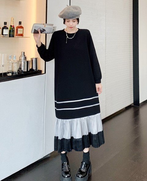 ロングワンピース フリル 長袖 カジュアル シンプル かわいい【大きいサイズあり】 L ブラック