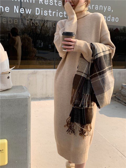 ハイネック ロング ニットワンピース フリー コーヒー