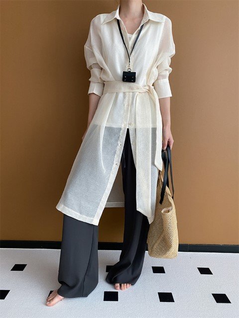 ロングトップス シャツワンピース 長袖 羽織 カジュアル シンプル アウター 重ね着 フリー ブラック