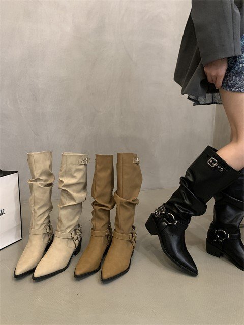 ポインテッドトゥ スタック ロングブーツ 【39】24.5cm ブラック
