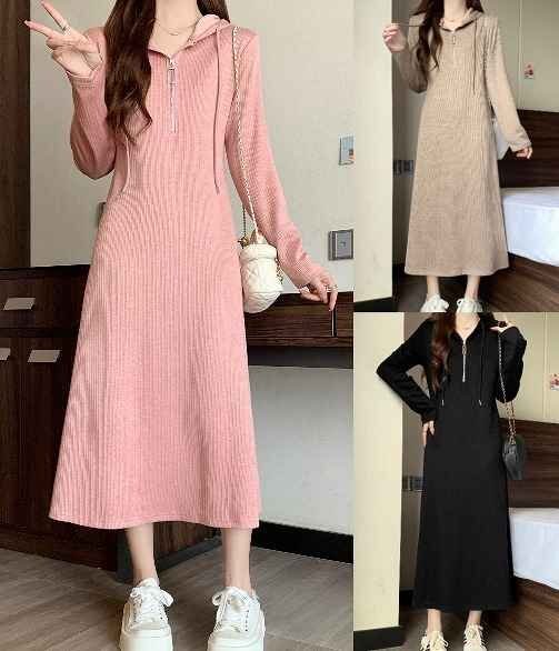 ロングワンピ ホワイトシンプル 長袖 カジュアル 無地 秋冬 【大きいサイズあり】 4XL ピンク