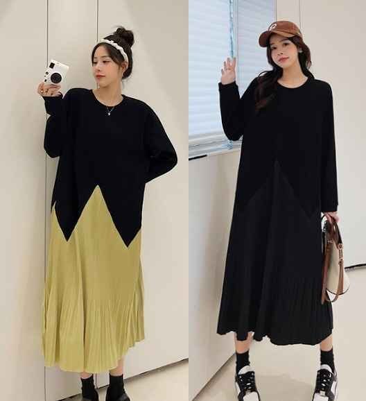 全2色 長袖ワンピース フリル 切り替え 体型カバー 着痩せ ロング丈 【大きいサイズあり】 XL ブラック