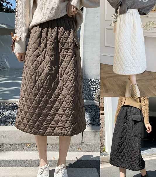 全3色 スカート 厚手 ハイウエスト 切り替え スリム 着痩せ 無地 シンプル S ブラウン