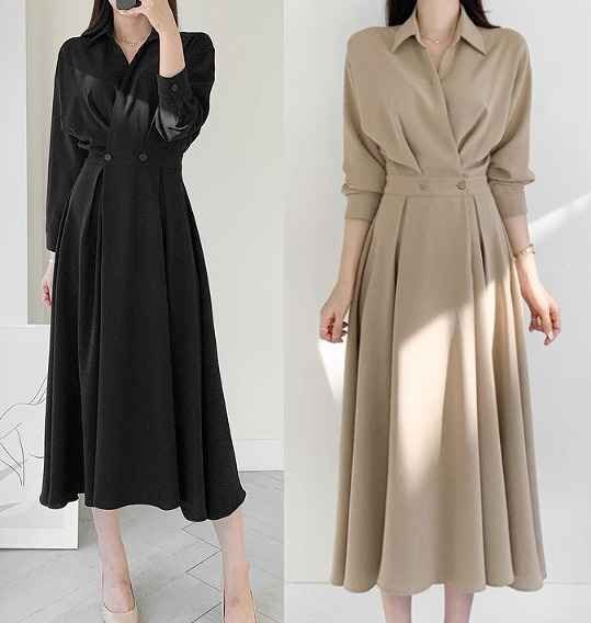 全2色 ワンピース ロング丈 フリル 切り替え スリム 着痩せ 無地 sweet系 フリー ベージュ