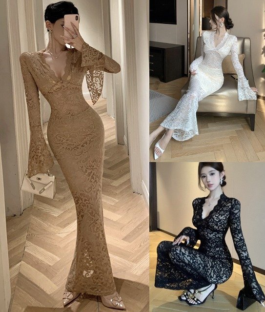 ロングワンピース 長袖 タイト スリム レース セクシー キャバクラドレス レディース S ホワイト