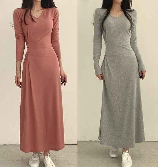 全2色 ワンピース ロング丈 フリル 切り替え スリム 着痩せ シンプル フリー ピンク