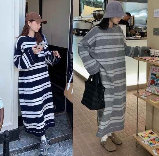 全2色 ニットワンピース 厚手 ロング丈 フリル バイカラー 体型カバー 着痩せ ボーダー柄 シンプル フリー グレー