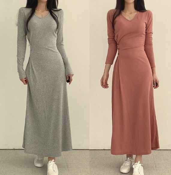 全2色 長袖ワンピース ロング丈 フリル 切り替え スリム 着痩せ 無地 シンプル フリー グレー