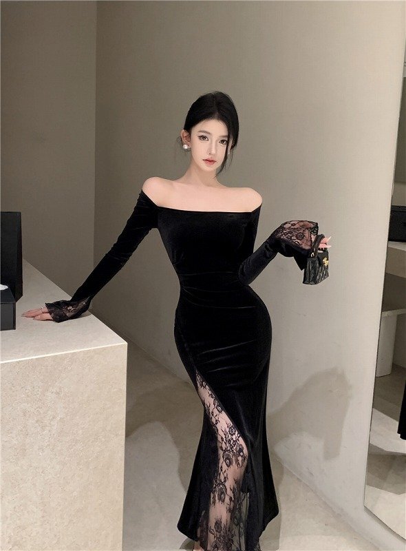キャバワンピース フリル ロングワンピース 長袖 レース セクシー ドレス レディース S ブラック