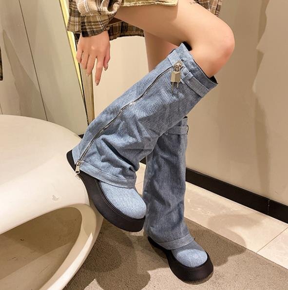 厚底 スリーブ カウボーイブーツ ロングブーツ 【35】22.5cm ブラック