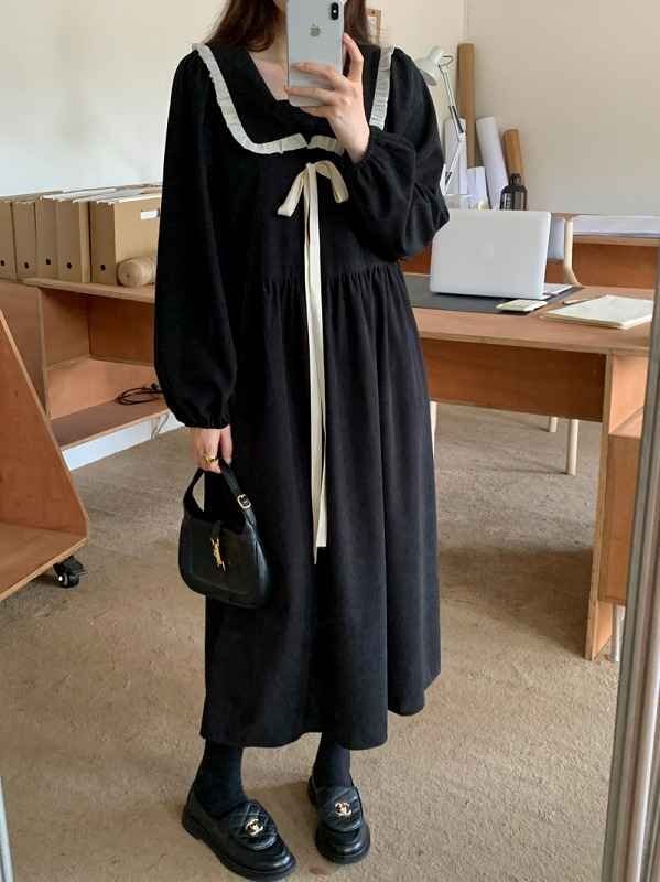 長袖ワンピース フリル ロングワンピ レトロ カジュアル リボン ゆったり シンプル フリー ブラック