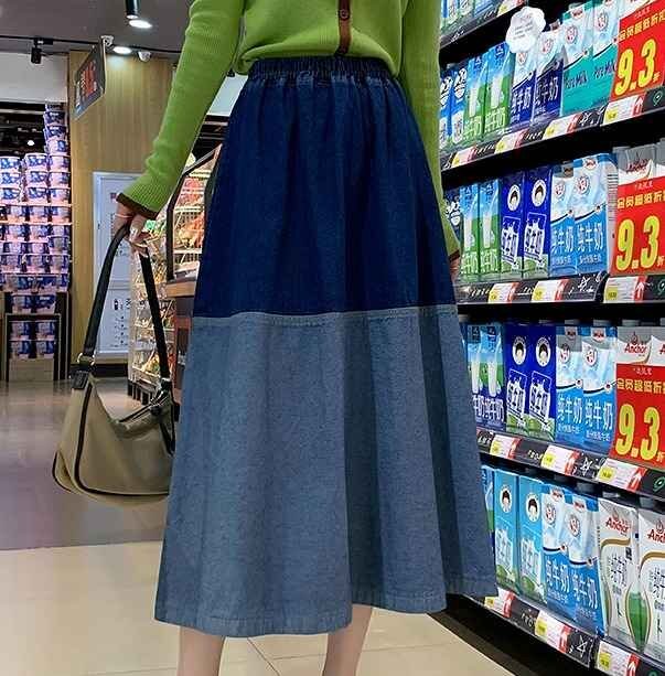 デニムスカート フリル 切り替え バイカラー 体型カバー 着痩せ デニム 【大きいサイズあり】 2XL ダークブルー