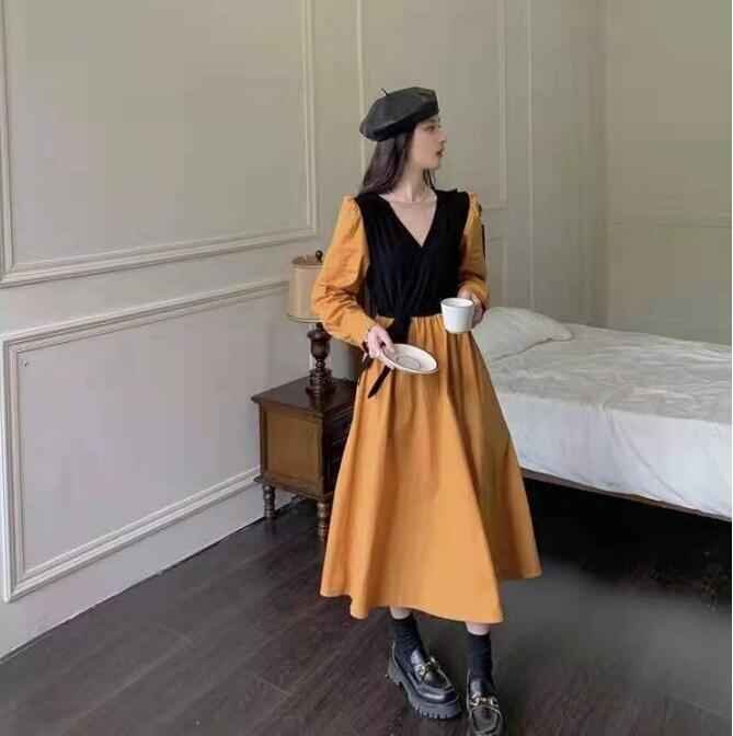 ワンピース ロングワンピース レディース マキシワンピ 長袖 レトロ S アプリコット