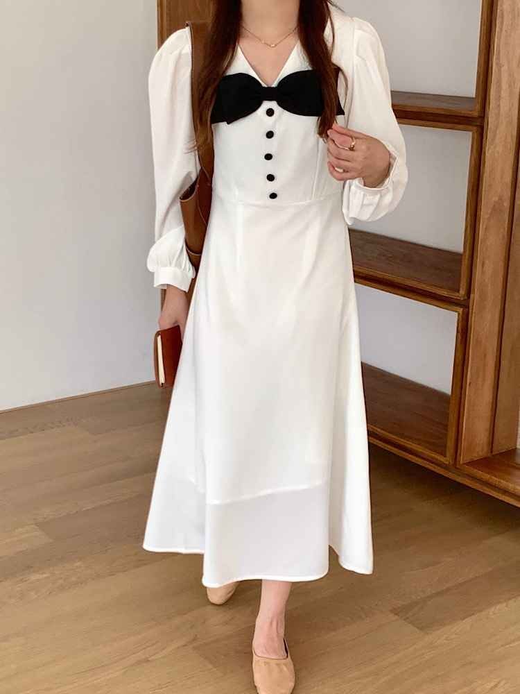 ロングワンピース パフスリーブ リボン ロングスカート かわいい系 Vネック S ブラック