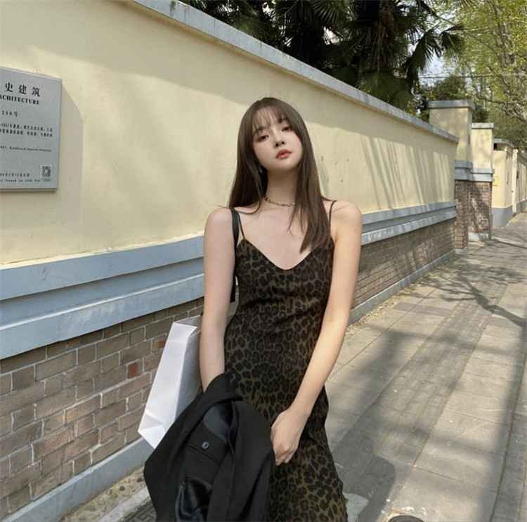 Vネック セクシー ヒョウ柄 オフショルダー スリム 中~長丈 キャミワンピ S ヒョウ(ロング丈)