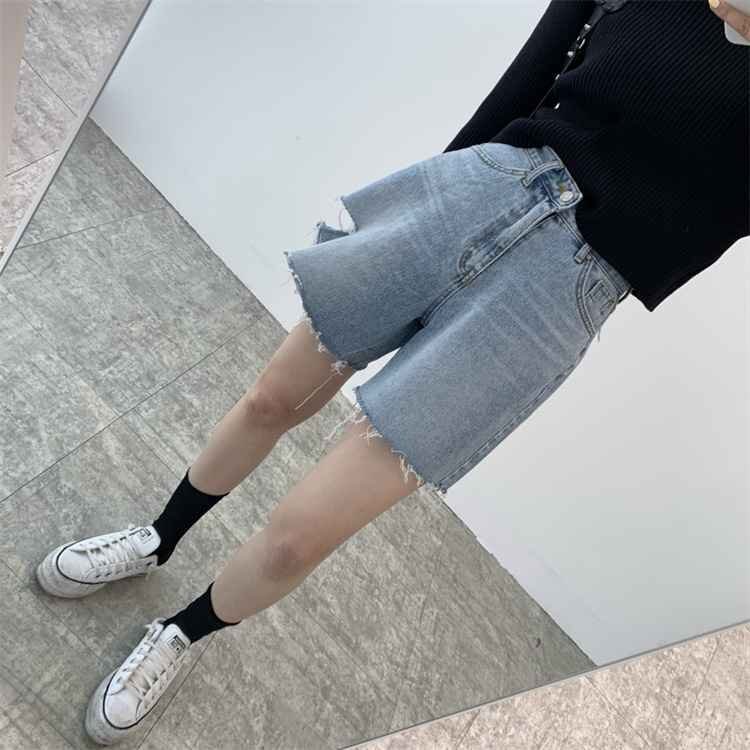  short pants Denim tassel high waist damage processing lady's S blue 