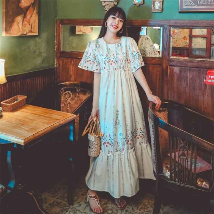 ロングワンピ 半袖 長袖 ワンピ エスニック プリント パフスリーブ レトロ S ホワイト(半袖)