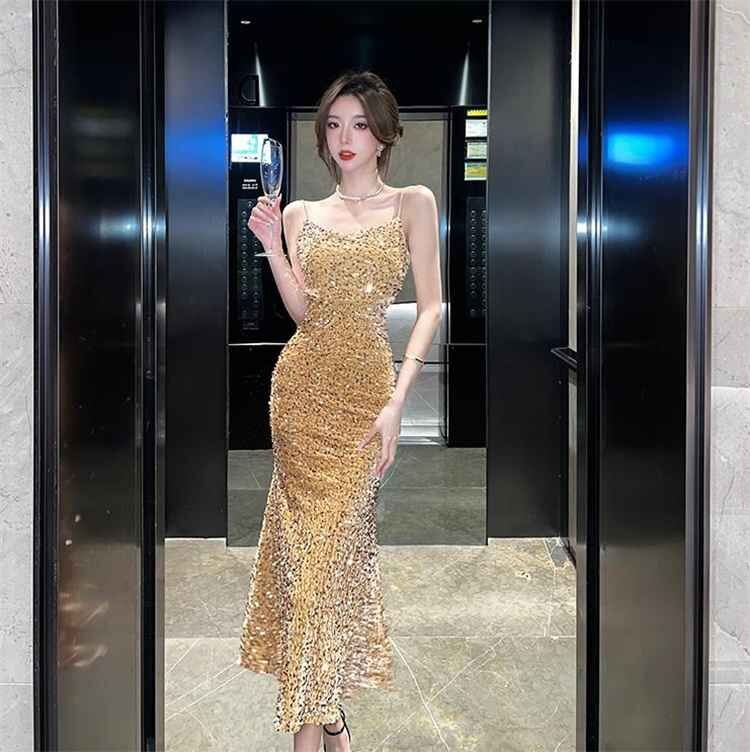 ロングワンピ キャミワンピ フィッシュテールスカート スパンコール 晩餐 ドレス 披露宴 二次会 S ブラック