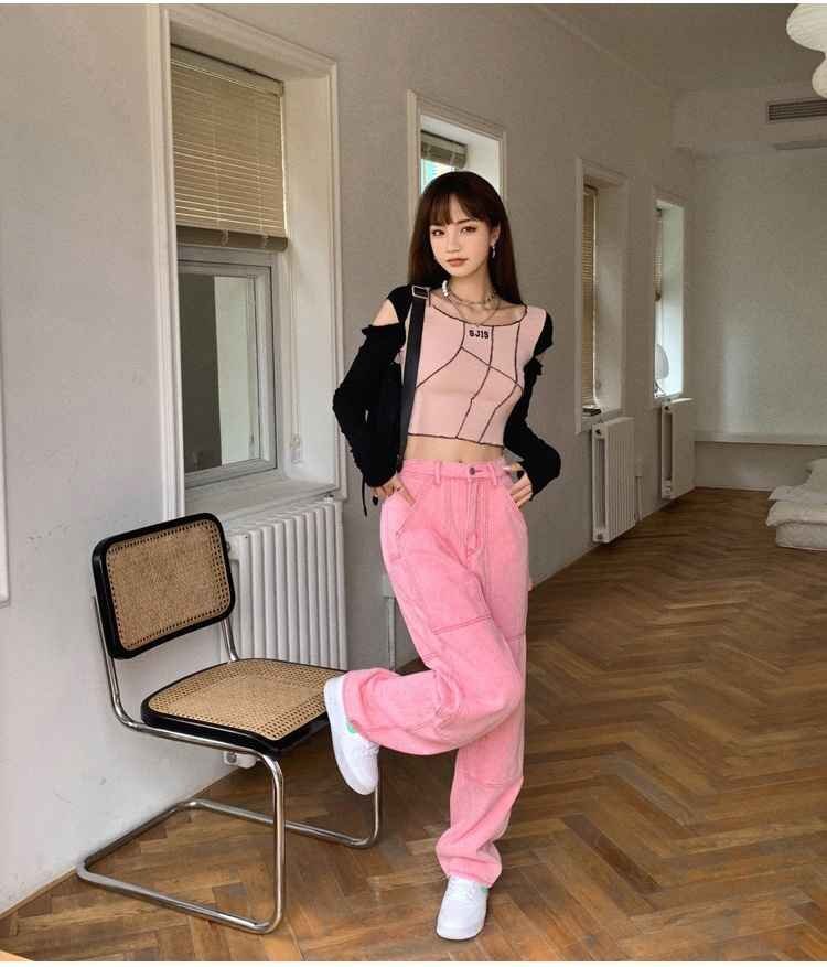 レトロ 透け感 ラウンドネック 長袖 ショート丈 Tシャツ S ピンク